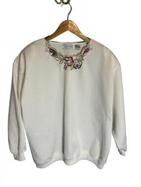 VTG Shenanigans Women's Crew Neck Sweatshirt Floral Size 2X Ivory Grandmacore